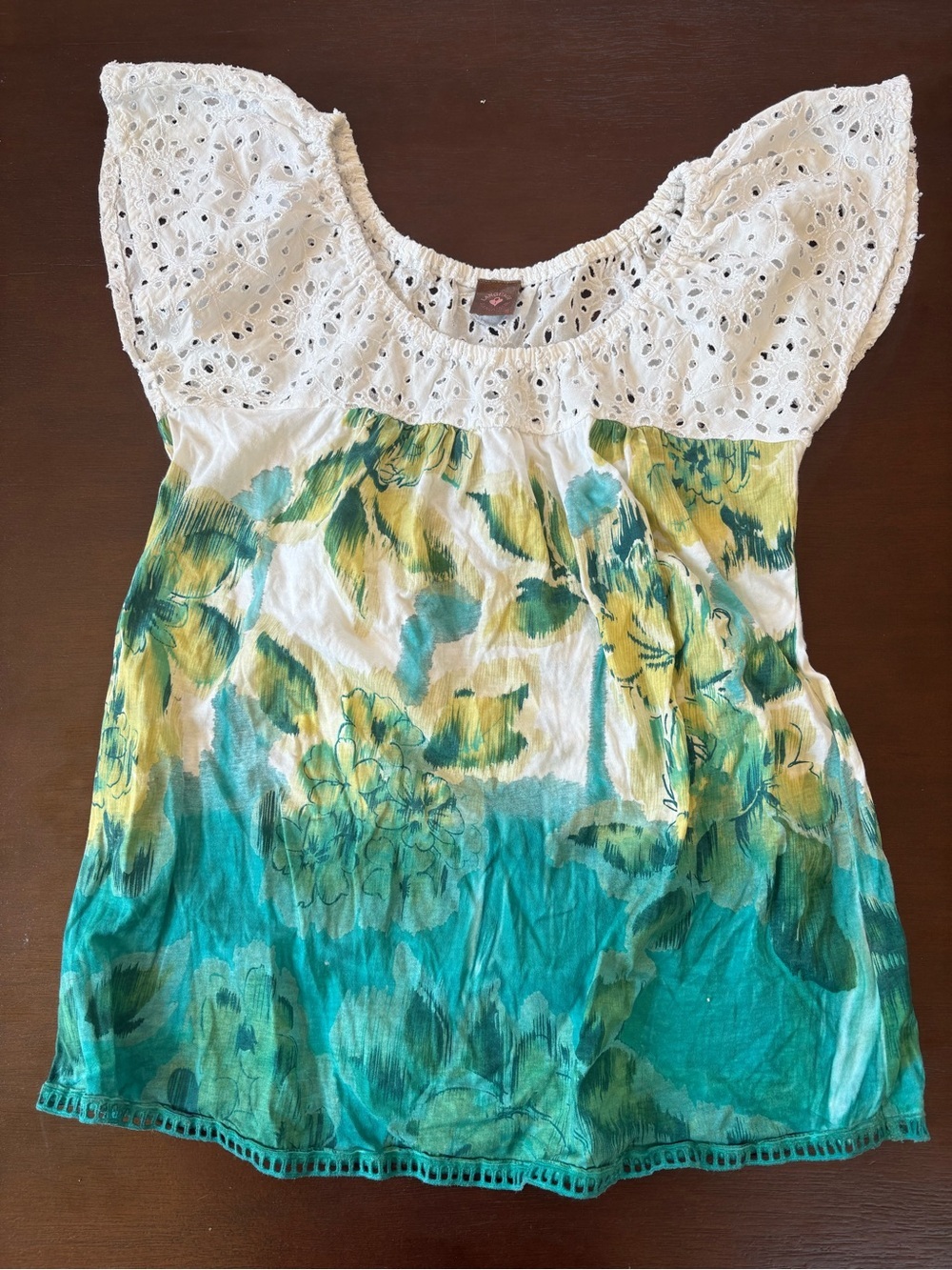 Language White Eyelet Floral Tunic with Teal & Yellow Print